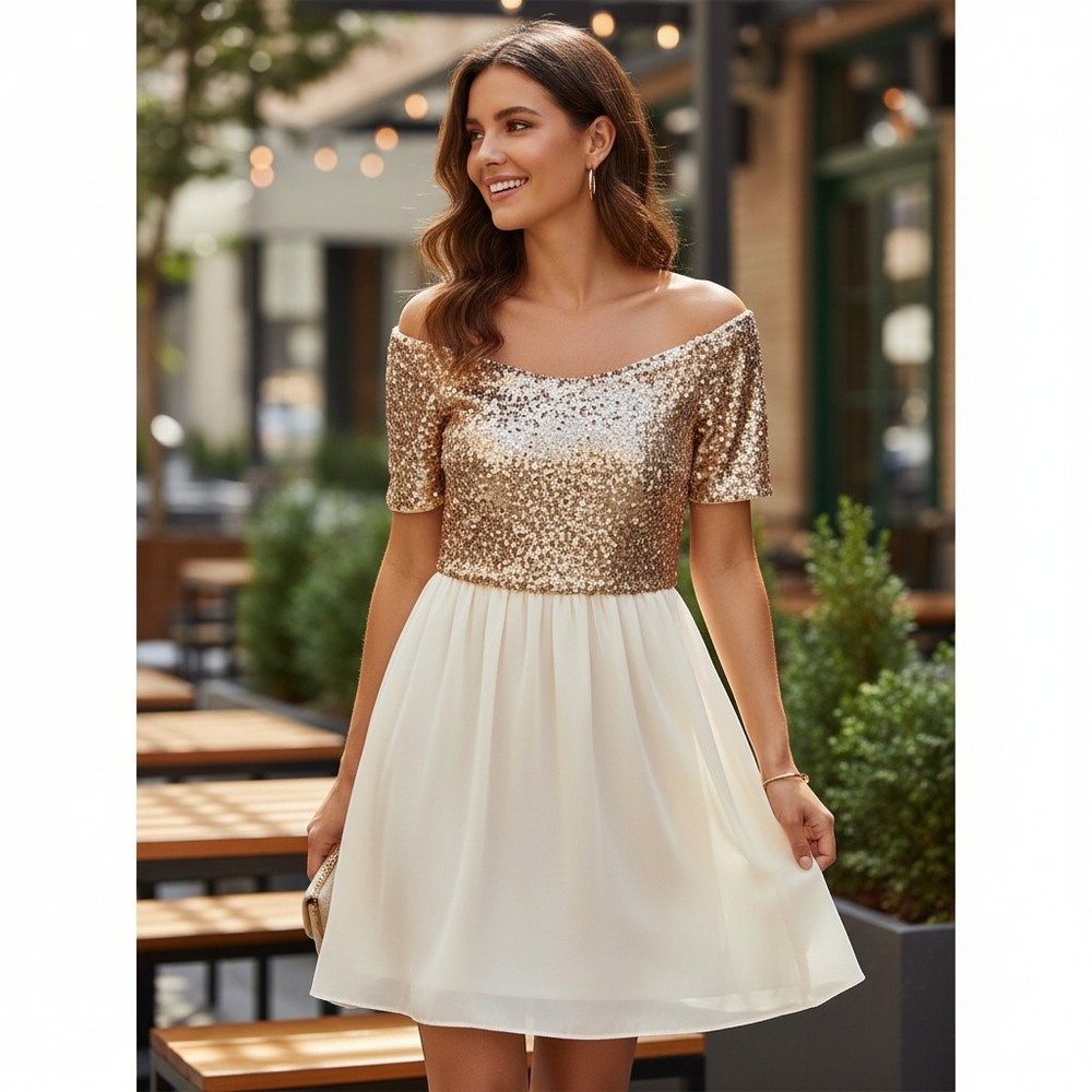 Forever 21 Sequin Chiffon Dress S Gold Ivory New Party Cocktail Mini Dress